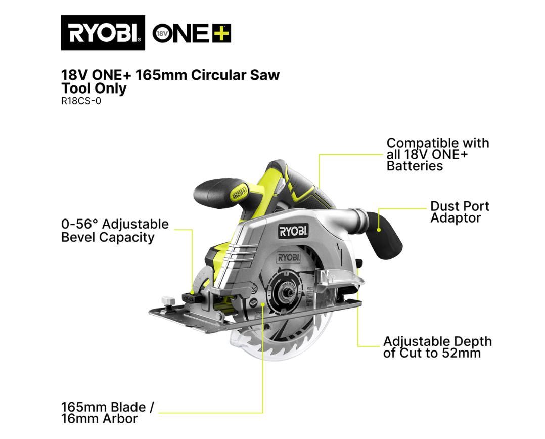 Ryobi 18V ONE+ 165mm Circular Saw R18CS-0 - Skin Only