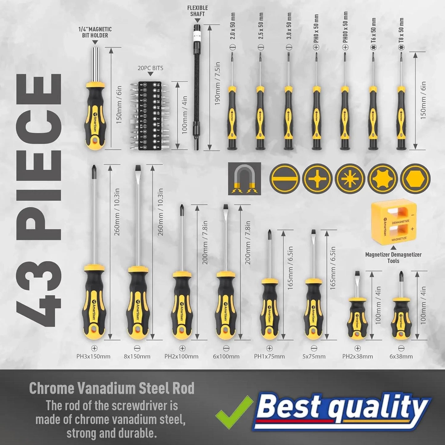 43pcs Magnetic Screwdriver Set with Box, Slotted Phillips Hex Torx Repair Kit