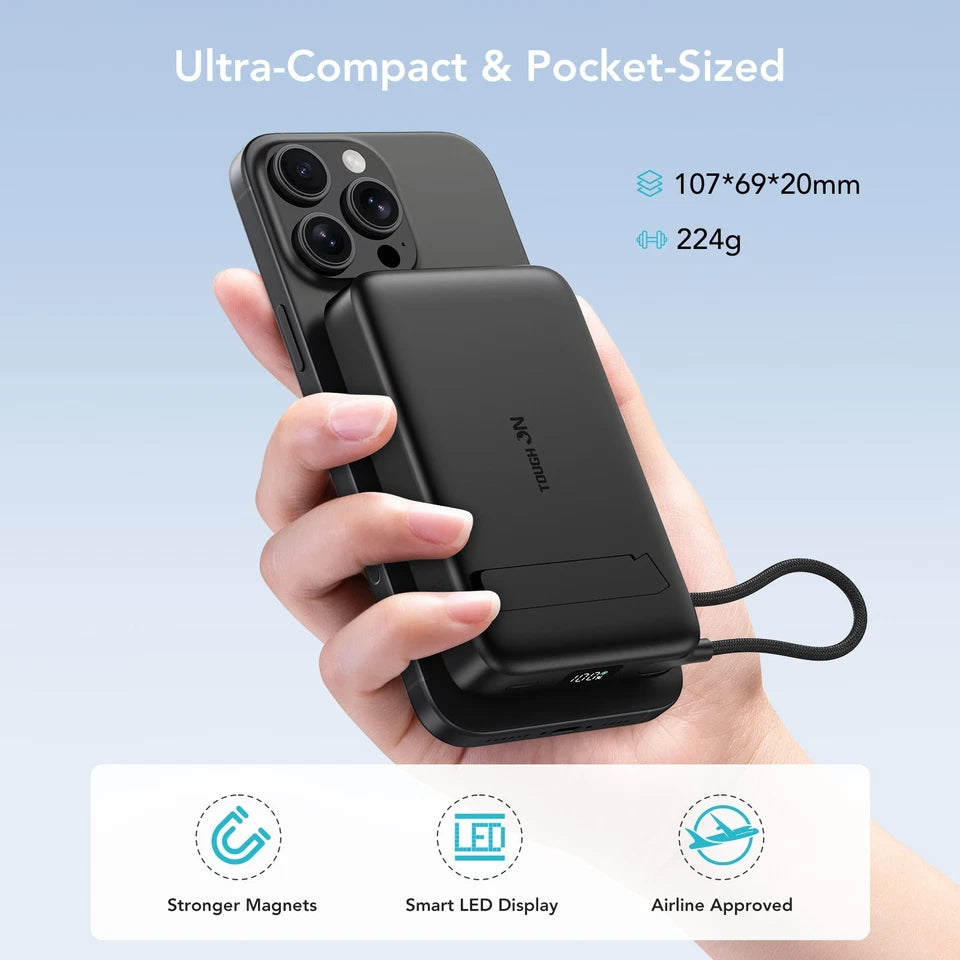 Tough On Magnetic Power Bank 10000mAh W/35W Built-in Fast Cable and Kickstand