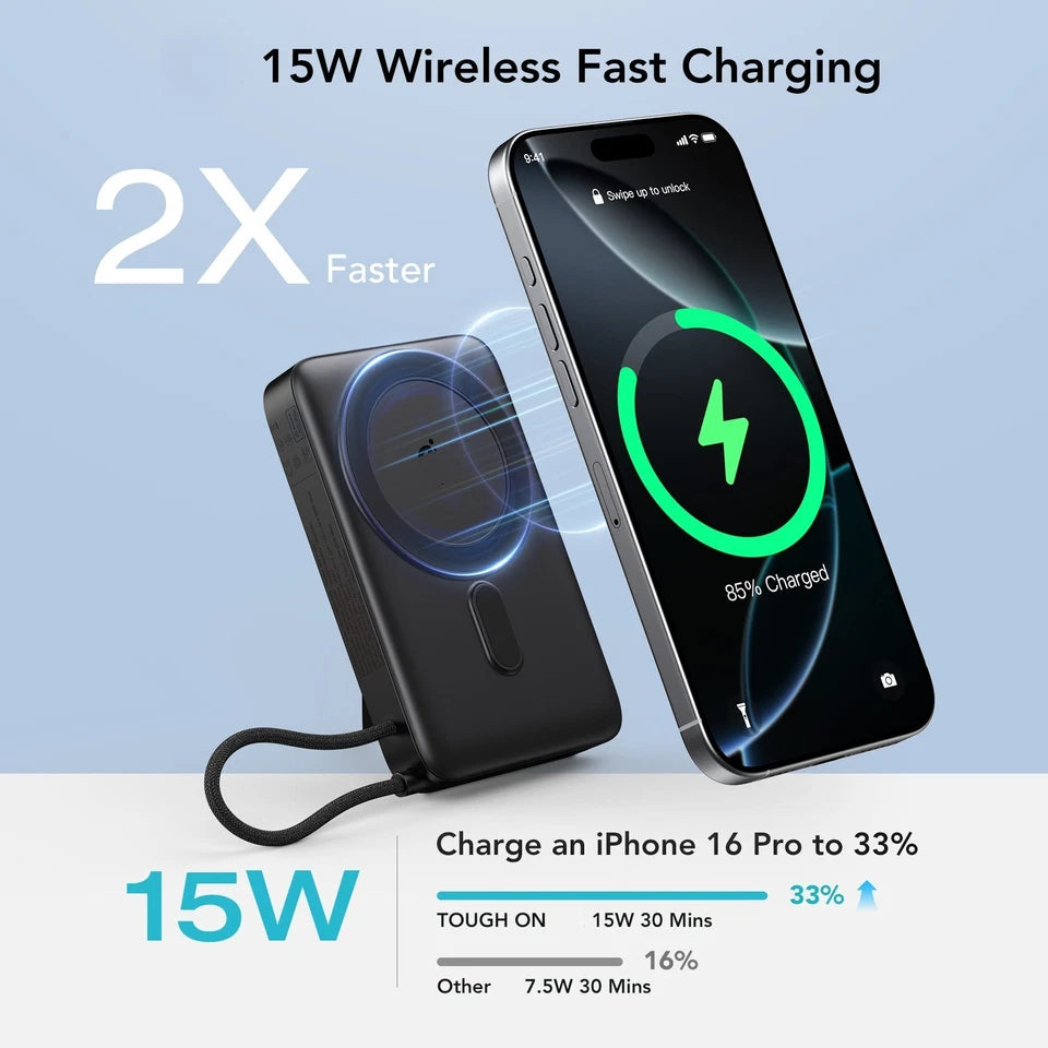 Tough On Magnetic Power Bank 10000mAh W/35W Built-in Fast Cable and Kickstand