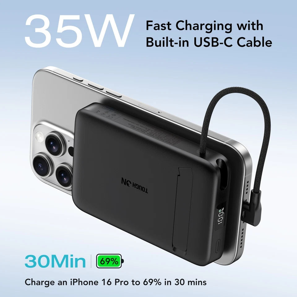 Tough On Magnetic Power Bank 10000mAh W/35W Built-in Fast Cable and Kickstand