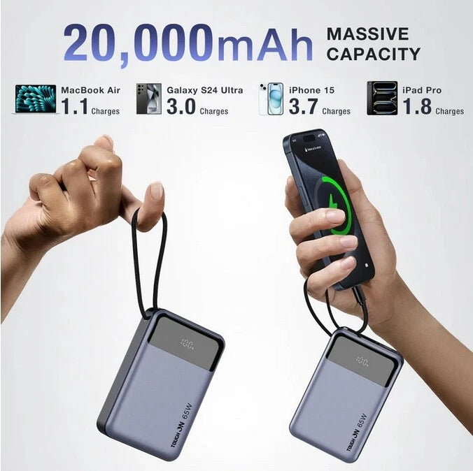 Tough On 2-in-1 65W 20000mAh Power Bank Bulit-in USB-C Cable